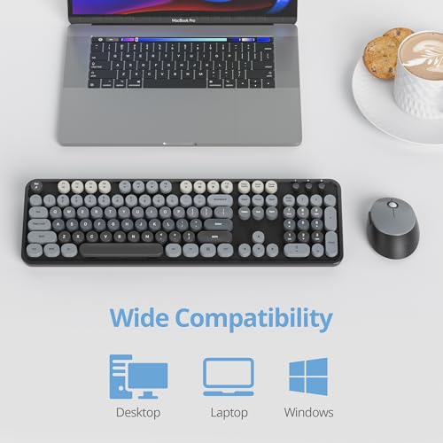 Image of Guffercty kred Colorful Grey Wireless Keyboard and Mouse Combo, Retro Typewriter Wireless Full-Size Cute Office Keyboard 2.4GHz with Round Keycaps for Desktop Laptop and PC(Gradient Black)