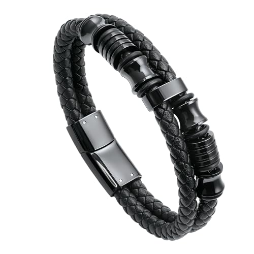 Mens Bracelet, Gifts for Men, Double-Row Black Braided Leather with Black Stainless Steel Jewelry Bracelet 7.5 inches, 8.5 inches, 9.5 inches Perfect for fathers, friends, and brothers