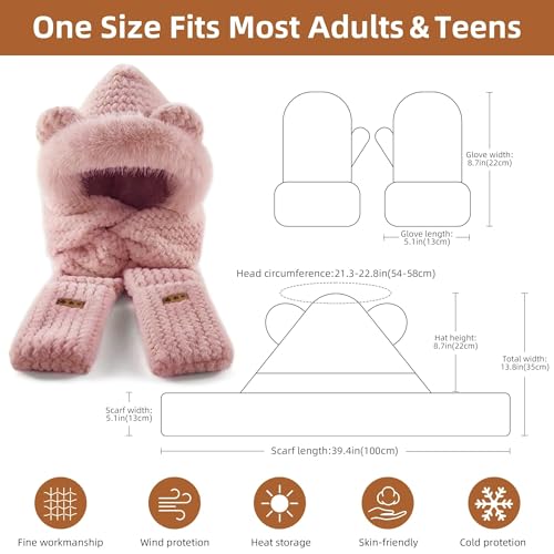 Hooded Scarf for Women Winter, Cute Bear Ear Hat Scarf 3 in 1 Faux Fur Gloves Set3