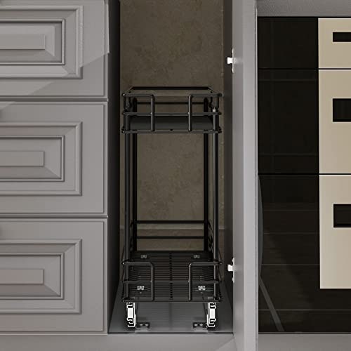 Lovmor Pull Out Cabinet Organizer (7" W X 21" D) Kitchen Cabinet Organizer And Storage, Chrome 2-Tier Cabinet Pull Out Shelf For Narrow Cabinet, Black #TOP5