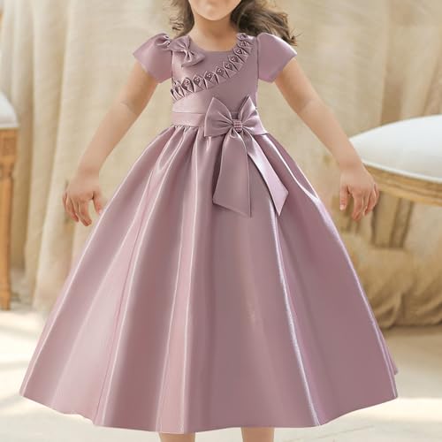 Baby Girl's Bowknot Embellished Dress Tea Party A-Line Princess Sundress Short Sleeve Round Neck Ruched Dresses2