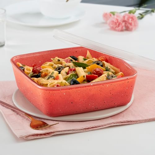 800 ml Kube Pink Baking & Serving Dish with Lid | Borosilicate Glass Round Shape Bakeware and Serveware Casserole Dish Tray | Microwave, Oven & Dishwa