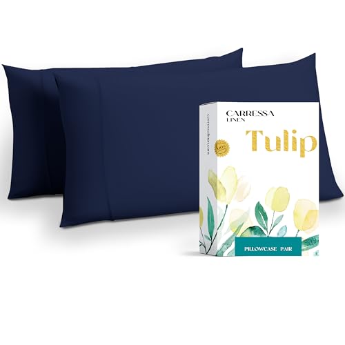 Carressa Linen Egyptian Cotton Pillow Cases Queen Size Set of 2 - Luxury 800 Series High Thread Count Standard Cotton Pillow Cases (Crisp Navy Blue), Soft, Cooling, Sateen Weave Hotel Pillowcover