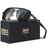 LUENX Aviator Sunglasses for Men Polarized Shades Driving UV 400 Protection 60mm-Black Lens Black Metal Frame Glossy Temple