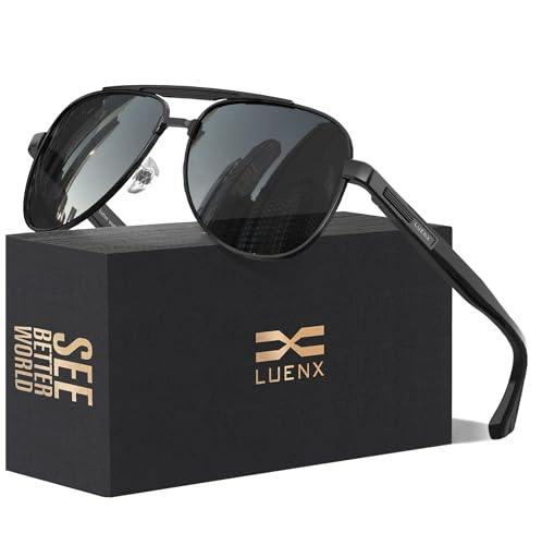 LUENX Aviator Sunglasses for Men Polarized Shades Driving UV 400 Protection 60mm-Black Lens Black Metal Frame Glossy Temple