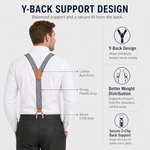 Image of Men's Heavy Duty Y-Back Suspenders, 6 Strong Metal Clips Adjustable Elastic Straps for Work, Tuxedos, and Daily Wear