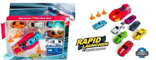 Image of Royals hub Big Size Rapid Launcher High Speed Car Set of 7PCS Die-Cast Metal Car Set Stunt Car Master Racer with High-Speed Launcher Includes 3 Road Blockers 1 Stopper Birthday Gift for Boys Girls 3+