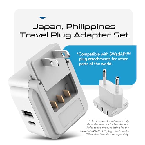 Image of Ceptics Travel Adapter India to Japan, Philippines Power Travel Plug Adapter Set, 20W PD & QC, Dual USB & USB-C 3.1A - 2 USA Socket - Compact - Use in USA, Bahamas, Canada Includes Type A, Type B