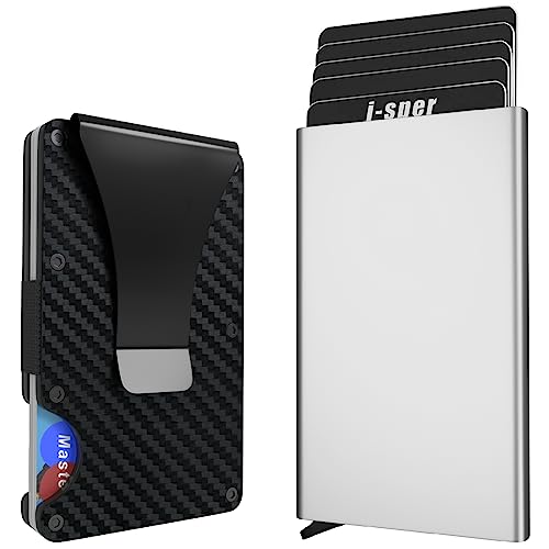 I-sper 2 Pack Minimalist Wallet for Men RFID Blocking tec, Money Clip for Men,1 Pack Pop Up Wallet for Men(silver) and 1 Pack Metal Wallet with Money Clip(Carbon Fiber),Two Styles Two Feelings