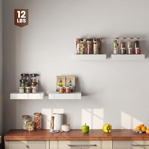 Image of Dreamland 12x12 Floating Shelves for Wall, 12 inch Deep Thicker White Floating Shelves, Wall-Mounted Shelves for Bedroom, Living Room, Kitchen, Bathroom - Set of 3