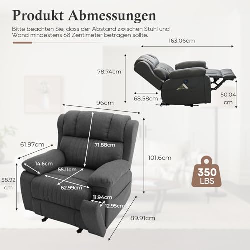 Consofa Fernsehsessel Elektrisch Verstellbar Massagesessel Mit Liegefunktion Vibration Heizung Relaxsessel Mit Versteckte GeträNkehalter Typ C & USB-AnschlüSse Tv Sessel FüR Wohnzimmer (Grau) – Bild 3