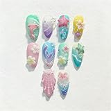 Tastetreasure Lot de 30 faux ongles à presser en forme d'amande - Thème océan - Bleu été - Dauphin et étoile de mer - Avec gaufrage 3D - Avec tampons adhésifs et lime à ongles - Pour femme - Manucure