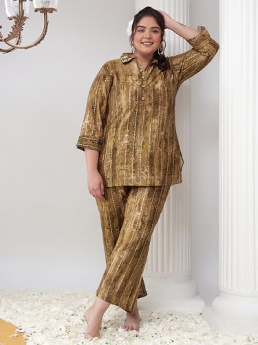 Image of Bani Women Printed Plus Size Co-ord Set, Shirt and Trouser Set 2 Piece Outfit, 3 /4 Sleeves,V-Neck with Floral Work Collar, Coord Sets for Womens, Western Dress Stylish Design for All Occasions