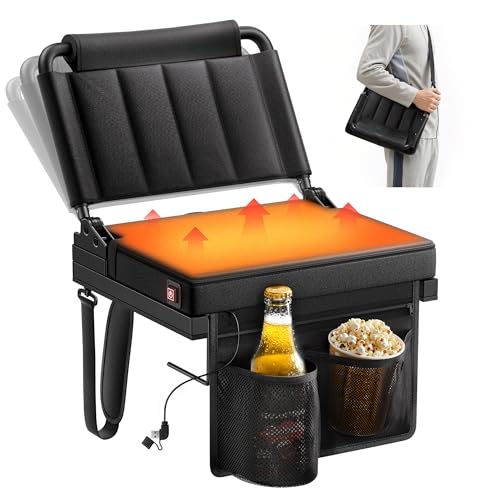 Heated Stadium Seats with Back Support for Bleacher, Portable 5-Angle and Adjustable Height Thick Cushion Seat with Cup Holder Storage Bag, Includes Shoulder Strap, Used for Sports Events and Concerts