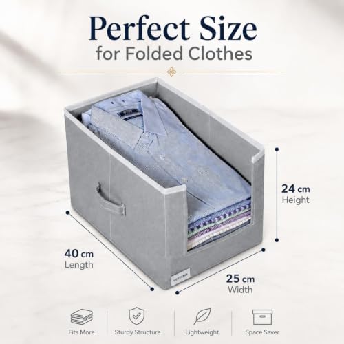 Image of VERVENIX Shirt Stacker Set of 2, Non Woven Foldable Clothes Storage Organizer with Handle, Wardrobe Closet Organizer, Space Saving Cloth Organizer for T-Shirts, Shirts, Jeans, Grey