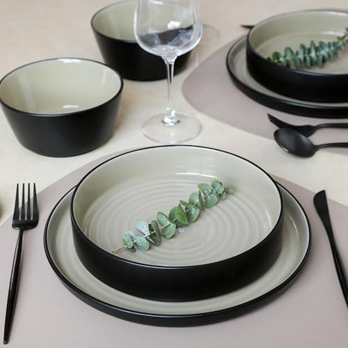 Stone Lain Elica 24-Piece Modern Dinnerware Set Stoneware, Plates and Bowl Sets for 8, Beige and Black by Stone Lain - Used condition - US$68.75