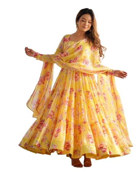 FASHION PURE SOFT FOX GEORGETTE FLORAL PRINT FABRIC FULLY FLAIR ANARKALI,WITH DUPPTA SET (IN, Alpha, XS, Regular, YELLOW)-image-43