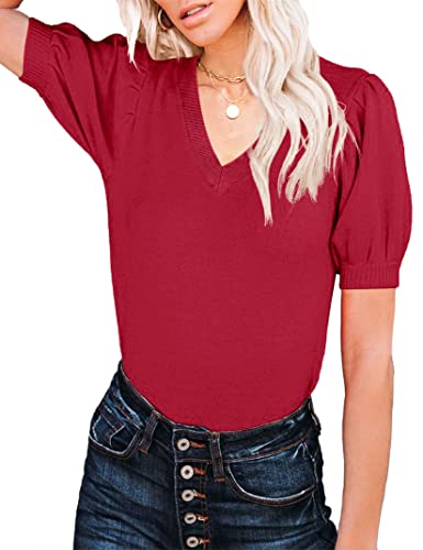 Image of Womens V-Neck Puff Short Sleeve Casual Sweaters Lightweight Comfortable Knit Pullover