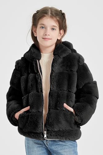 Image of Giolshon Girls Faux Fur Fleece Jacket Sherpa Fuzzy Hoodie Winter Coat with Full Zip Fluffy Outerwear 2169