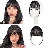 2 Stück Clip-in-Fransen-Echthaar-Verlängerung, Clip-in-Fransen-Pony-Haarteile, 100 % Echthaar, natürlich, schwarz, dicker Pony, Clip-on-Front-Fransen-Pony-Verlängerungen für Frauen und Mädchen