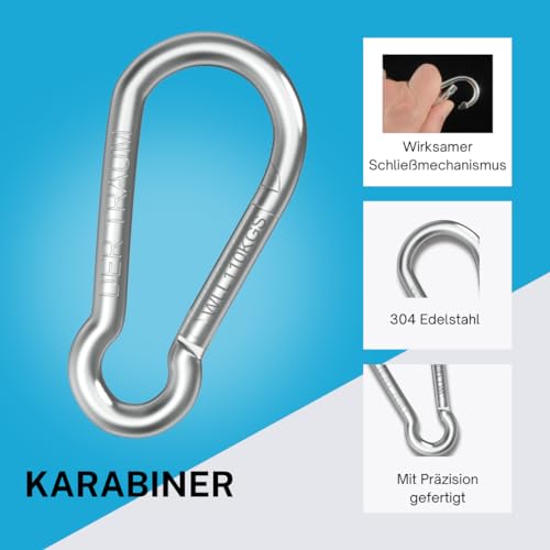 Der Traum 12 Stück Karabinerhaken Edelstahl, Carabiner, 5 x 50mm – Karabiner mit Belastbarkeit von 110 KG – Ideal für Schlüsselanhänger, Camping, Wandern, Reisen, Angeln, Rucksack (Silber)