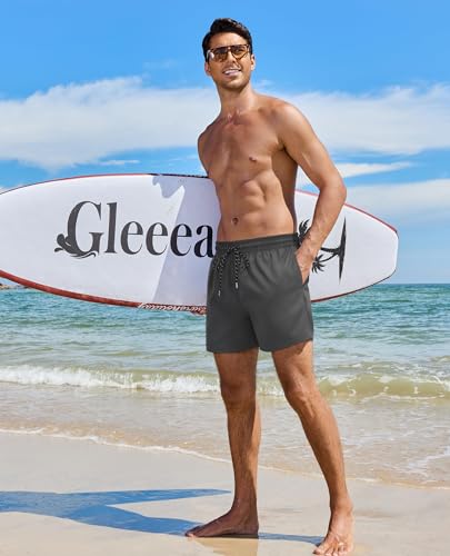 Image of Gleeease 5inch Mens Swim Trunks: 2 in 1 with Compression Liner Lined Soft Stretch Quick Dry Solid Pockets Drawstring Beach