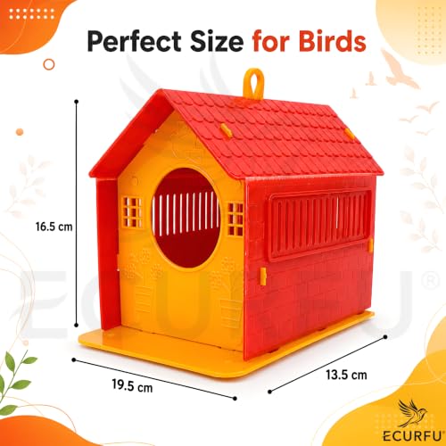 Image of Ecurfu Sparrow House for Balcony & Garden | Hanging Bird Nest with Feeding Tray | Bird House for Sparrows & Small Birds (Orange & Yellow)