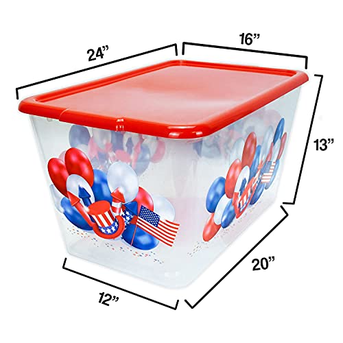 Image of SIMPLYKLEEN Storage Totes with Lids 4PC - Made in USA 14.5-Gallon Colorful Printed Decorative Design Storage Boxes Storage Bins with Lids Plastic Storage Containers for Organizer Red /Patriotic Balls