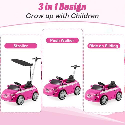 Image of OLAKIDS Push Car for Toddlers, 3 in 1 Licensed Fiat 500e Baby Sliding Walking with Parent Control Handle Adjustable Canopy Footrest, Kids Ride on Toys with Horn for Boys Girls (Pink)