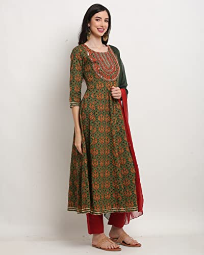 Image of ROLYPOLY Women's Green And Red Coloured Pure Cambric Cotton Sequence Embroidered Kurta Set With Dupatta (ROLYVL213-P)