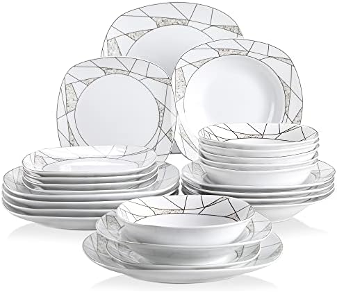 VEWEET 'Serena' 24-Piece Dinner Set Ivory White Irregular Patterns Dinner Set Porcelain Tableware Set with Bowls Dessert Plates Soup Plates Dinner Plates Service for 6