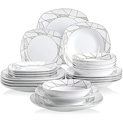 VEWEET 'Serena' 24-Piece Dinner Set Ivory White Irregular Patterns Dinner Set Porcelain Tableware Set with Bowls Dessert Plates Soup Plates Dinner Plates Service for 6 Cover