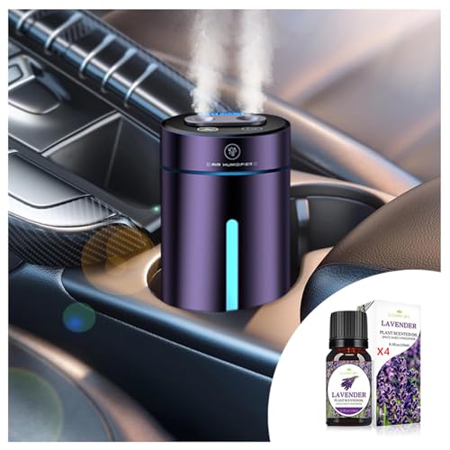 Smart Car Air Freshener, Car Air Freshener Diffuser with Humidifier, Auto On/Off, 3 Mode Adjustable, with 4 Essential Oils(Purple)