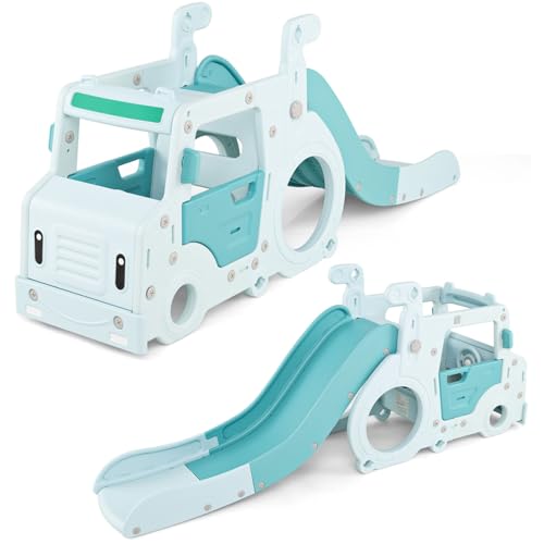 HOMASIS Toboggan en Forme de Machine 3 en 1, Jeu d'Extérieur et l'Intérieur avec Glissement, Conduite et Crawling pour Enfants de 18+ Mois, Bleu