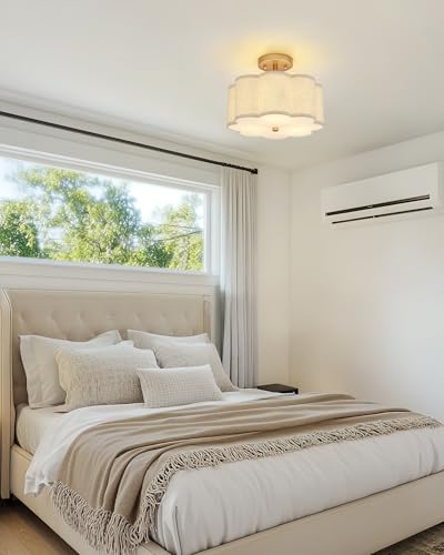 Image of Gold Semi Flush Mount Ceiling Lights, 3-Light 12.5 inch Light Fixtures Ceiling Mount with Linen Fabric Drum Shade in Flower Shape for Nursery Hallway Bedroom Kitchen, AD-22007-3SF-GD-B