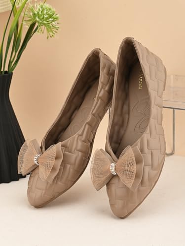 Image of XE Looks Textured Flats with Mesh Bow - Elegant Design, Comfortable Fit, Perfect for Adding a Chic Touch to Outfits for Girls & Womens