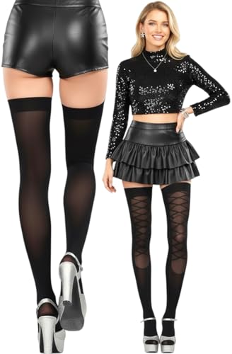 Image of ToBeInStyle Women's Lace Up Back Seam Tights Sheer or Opaque Hosiery Stockings Crisscross Lace Ribbon Zigzag Design