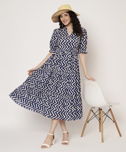 Image of PIDAVLIYA'S Women's Cotton Floral Printed Midi Dress | V-Neck Fit & Flare Dress with Puff Sleeves | Casual Summer Wear