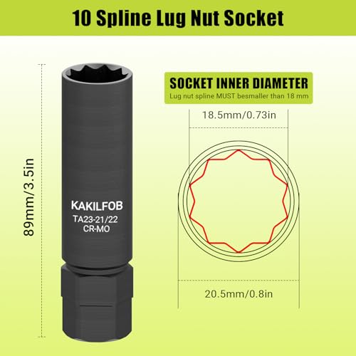 Image of 10 Spline Lug Nut Socket, Replacement for TA23-21 /22, Compatible with Bimecc 10 Spline Lug Key, for Removing 10 Point Lug Nut Key for Truck Large SUV with 13 /16 and 7 /8 Hex Drive, CR-MO