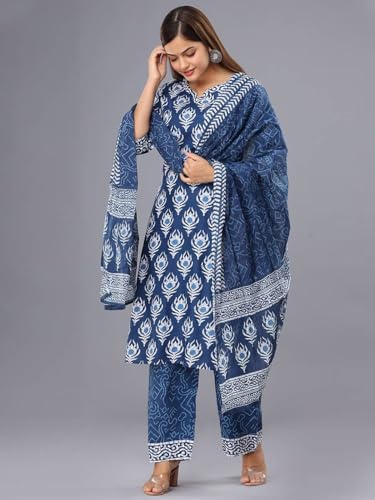 Tee Projekt Women's Cotton Blend Sweetheart Neck Straight Kurta Pant With Dupatta Set Ll Block Printed Kurta Set For Women Ll Festive Kurta Set For Women Navy