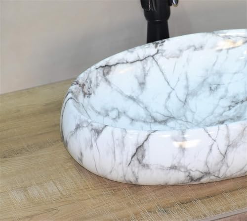 Image of Designer Counter Top Wash Basin | Tabletop Ceramic Bathroom Sink | Wash Basin Over Counter | Wash Basin For Bathroom, Living Room (24 x 15 x 6 Inch) (Glossy White N Black Strip)