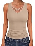 Aottori Womens Tank Tops UK Ladies V Neck Summer Vest Top Sleeveless Basic Ribbed Knit Shirt Slim Fitted Plain Camisole Stretch Cross Front Casual Apricot L
