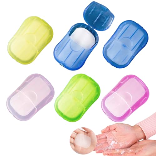 Hojas de Jabón Portátiles con Estuche, 120 Láminas Desechables para Manos, Jabón en Láminas de Viaje, 6 Estuches Compactos, Disolución Rápida, Colores Surtidos