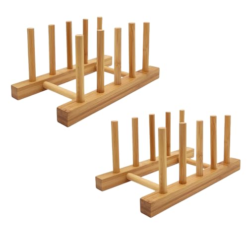 efbock Soporte para Platos para armarios de Cocina, Bandeja de Madera de bambú para Tabla de Cortar, escurridores, Organizador de gabinete de Cocina para Plato/Taza/Tapa de Olla (2, 4 Ranuras)