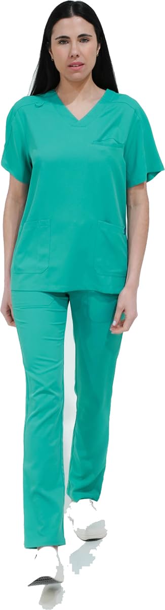 WORKTEAM Conjunto Sanitario de Casaca y Pantalón en Microfibra Elástica Bidireccional, Manga Corta, Cuello Pico y Cintura con Cordón Unisex