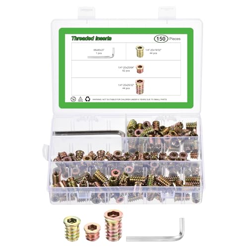 sourcing map 150Pcs 3 Sizes Threaded Inserts Nuts, Zinc Alloy Hex Socket Drive Screw-in Nut Threaded Inserts with 1Pcs Hex Wrench, Wood Inserts Bolt Assortment Kit for Wood Furniture