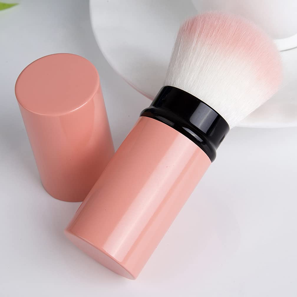 Retractable Kabuki Brushes Foundation Powder Blush Brush Extensible Makeup Brush Face Blender Brush Professional Mineral Blending Brush Aluminum Case Portable With Cover (Round Top, Pink)