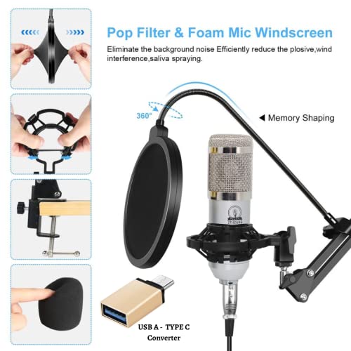 Image of ZHIZUKA BM800 Condenser Microphone Adjustable Boom Arm+Shock Mount+ Pop Filter. Recording, Podcast, Streaming, Voice Overs, Singing, YouTube. Mobile,PC,MAC,PS4(Need Phantom Power /Sound Card) (Silver)
