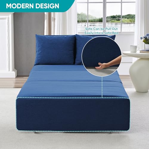 Image of BALUS 43 inch W Twin Size Sleeper Couch Bed Pull Out Sofa with Pullout Beds, 2 in 1 Convertible Linen Single Sleepers Sofas Chair with Foldable Mattress and Pillows for Small Space Apartment, Blue