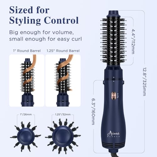 Image of Aima Beauty Blow Dryer Brush Set - 4-in-1 Round Brush Blow Dryer Adds Shine, Smooth, Curl & Volume for Short to Medium Hair, Interchangeable 1 inch & 1.25 inch Round Barrel, Ionic Frizz Control, Prussian Blue